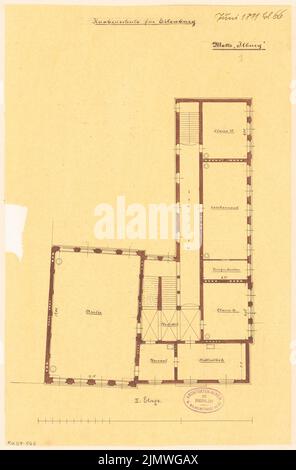 Architecte inconnu, école de garçons à Eilenburg. Compétition mensuelle du 1881 juin (06,1881) : plan d'étage 2nd étage; barre d'échelle. Tuche aquarelle sur transparent, 41,9 x 27,6 cm (y compris les bords du balayage) N. : Knabenschule, Eilenburg. Monatskonkurrenz Juni 1881 Banque D'Images