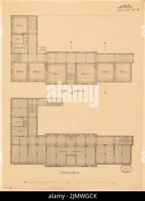 Architecte inconnu, école de garçons à Eilenburg. Compétition mensuelle juin 1881 (06,1881): Grundliss Keller, rez-de-chaussée; barre d'échelle. Tuche aquarelle sur la boîte, 57,6 x 43,8 cm (y compris les bords de numérisation) N.N. : Knabenschule, Eilenburg. Monatskonkurrenz Juni 1881 Banque D'Images