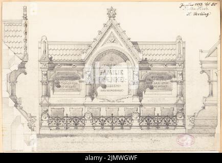 Seeling Heinrich (1852-1932), enterrement héréditaire Frenkel dans le cimetière juif de Berlin-Weißensee. Compétition mensuelle janvier 1883 (compétition 2nd) (01,1883): Vue de face supérieure, 2 coupes verticales; barre d'échelle. Encre et crayon aquarelle sur la boîte, 31,4 x 45,4 cm (y compris les bords du scan) Seeling Heinrich (1852-1932): Erbbegräbnis Frenkel auf dem jüdischen Friedhof, Berlin-Weißensee. Monatskonkurrenz Januar 1883 (2. Wettbewerb) Banque D'Images