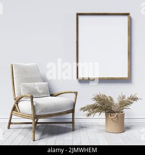 Faux cadres à poster avec fauteuil simple et plante séchée Banque D'Images