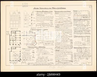 Sauce Eugen de la, études sur la statique (01.12.1904) : examen statique d'un bâtiment résidentiel et commercial. Voir 1: 200, plans d'étage 1: 200, coupe 1: 200, détails, calculs statiques. Encre, couleur encre, aquarelle sur carton, 51,3 x 68,8 cm (y compris les bords de numérisation) sauce Eugen de la : Studien zur Statik Banque D'Images