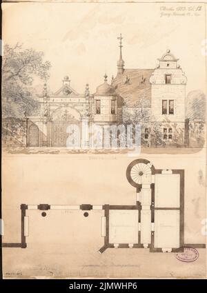 Reimer Georg, entrée du parc. Compétition mensuelle octobre 1883 (10,1883) : plan d'étage rez-de-chaussée, vue sur la route; barre d'échelle. Encre et crayon aquarelle sur la boîte, 43,9 x 32,5 cm (y compris les bords du scan) Reimer Georg : Parkeingang. Monatskonkurrenz Oktober 1883 Banque D'Images