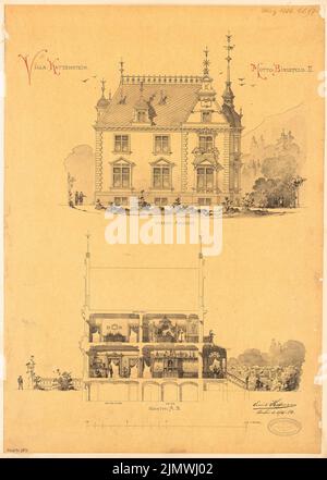 Hoffmann Emil (1845-1901), villa pour M. Katzenstein à Bielefeld. Compétition mensuelle 1884 mars (03,1884) : vue de face du RISS (depuis Obernstraße), coupe transversale; barre d'échelle. Tusche aquarelle sur transparent, 57,3 x 40,9 cm (y compris les bords de balayage) Hoffmann Emil (1845-1901): Villa für M. Katzenstein, Bielefeld. Monatskonkurrenz März 1884 Banque D'Images