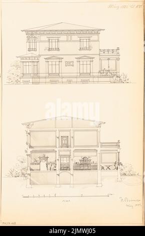 Reimer Konrad (1853-1915), villa pour M. Katzenstein à Bielefeld. Compétition mensuelle le 1884 mars (03,1884) : vue latérale du RISS (depuis l'ouest) et section transversale 1 : 100; barre d'échelle. Tuche aquarelle sur la boîte, 42,6 x 27,3 cm (y compris les bords de balayage) Reimer Konrad (1853-1915): Villa für M. Katzenstein, Bielefeld. Monatskonkurrenz März 1884 Banque D'Images