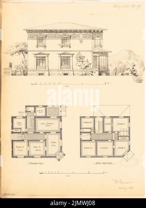 Reimer Konrad (1853-1915), villa pour M. Katzenstein à Bielefeld. Compétition mensuelle Mars 1884 (03,1884): Plan d'étage rez-de-chaussée, étage supérieur 1: 150, vue avant déchirement (de Obernstraße) 1: 100; 2 bandes d'échelle. Tuche aquarelle sur la boîte, 43,2 x 31,8 cm (y compris les bords de balayage) Reimer Konrad (1853-1915): Villa für M. Katzenstein, Bielefeld. Monatskonkurrenz März 1884 Banque D'Images