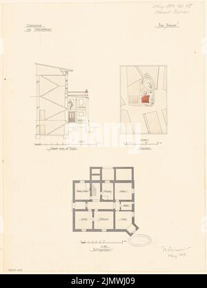 Reimer Konrad (1853-1915), villa pour M. Katzenstein à Bielefeld. Compétition mensuelle Mars 1884 (03,1884): Selon le plan 1: 1250, plan d'étage Keller 1: 150, section transversale de l'escalier 1: 100; 3 bandes d'échelle. Tuche aquarelle sur la boîte, 48,9 x 36,9 cm (y compris les bords de balayage) Reimer Konrad (1853-1915): Villa für M. Katzenstein, Bielefeld. Monatskonkurrenz März 1884 Banque D'Images