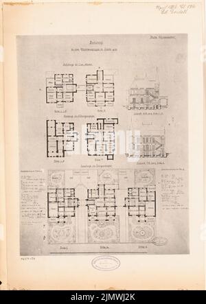 Endell Eduard (1852-1911), groupe à Halle/Saale. Compétition mensuelle avril 1884 (04,1884): Selon plan avec le plan d'étage des rez-de-chaussée, plan d'étage du sous-sol et étage supérieur de la villa extérieure et intérieure, sections transversales de l'extérieur et de l'Endell Eduard (1852-1911): Wohnhaussruppe, Halle/Saale. Monatskonkurrenz avril 1884 Banque D'Images