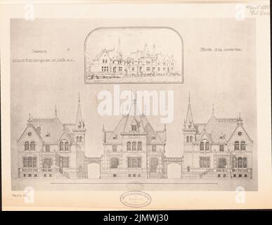 Endell Eduard (1852-1911), groupe à Halle/Saale. Compétition mensuelle 1884 avril (04,1884) : vue sur la rue Riß, vue perspective, barre d'échelle. Rupture légère sur papier, 28 x 36,1 cm (y compris les bords de numérisation) Endell Eduard (1852-1911): Wohnhaussruppe, Halle/Saale. Monatskonkurrenz avril 1884 Banque D'Images