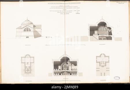 Merzenich Jean (1842-1911), sépulture héréditaire à Langhelwigsdorf. Compétition mensuelle août 1884 (08,1884): Grundliss Keller, rez-de-chaussée 1: 150; vue latérale de Riss, section longitudinale, section transversale 1:75; 2 bandes d'échelle, comptabilité des coûts. Tuche aquarelle sur la boîte, 59,3 x 91,9 cm (y compris les bords de balayage) Merzenich Johann (1840-1913): Erbbegräbnis, Langhelwigsdorf. Monatskonkurrenz août 1884 Banque D'Images