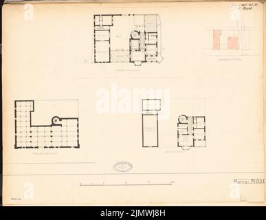 Rieth Otto (1858-1911), villa à Cochem. Compétition mensuelle juin 1884 (06,1884): Plan du site, plan d'étage sous-sol, rez-de-chaussée, étage supérieur; barre d'échelle. Tuche aquarelle sur la boîte, complétée par un crayon, 45,2 x 58,2 cm (y compris les bords de balayage) Rieth Otto (1858-1911): Villa, Cochem. Monatskonkurrenz Juni 1884 Banque D'Images