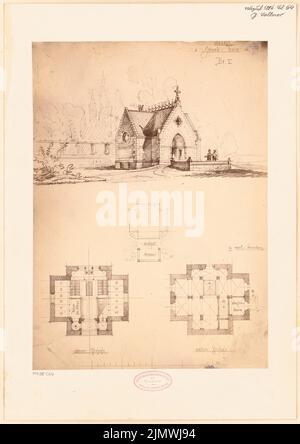 Vollmer Johannes (1845-1920), inhumation héréditaire à Langhigsdorf. Compétition mensuelle en août 1884 (08,1884): Grundrisssskizzze, cave à plan d'étage, rez-de-chaussée, vue perspective; barre d'échelle. Papier photo sur carton, 46,3 x 32,8 cm (y compris les bords de numérisation) Vollmer Johannes (1845-1920): Erbbegräbnis, Langhelwigsdorf. Monatskonkurrenz août 1884 Banque D'Images