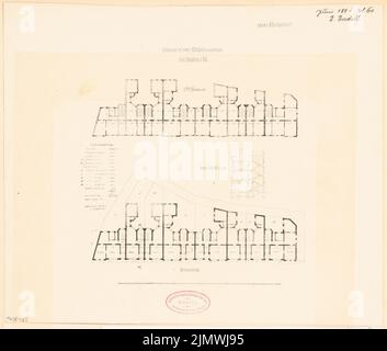 Endell Eduard (1852-1911), groupe à domicile à Bochum. Compétition mensuelle du 1884 juin (06,1884) : plan d'étage rez-de-chaussée, étage supérieur, section transversale; barre de frais, comptabilité analytique. Pression sur le carton, 31,1 x 36,5 cm (y compris les bords de balayage) Endell Eduard (1852-1911): Wohnhausgruppe, Bochum. Monatskonkurrenz Juni 1884 Banque D'Images