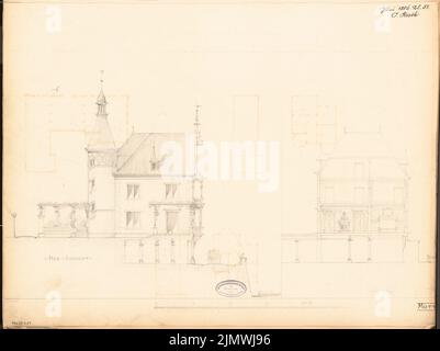 Rieth Otto (1858-1911), villa à Cochem. Compétition mensuelle juin 1884 (06,1884): Vue de la Cour supérieure et coupe transversale de la maison; barre d'échelle. Crayon sur carton, 44,1 x 58,9 cm (y compris les bords de balayage) Rieth Otto (1858-1911): Villa, Cochem. Monatskonkurrenz Juni 1884 Banque D'Images