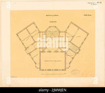 Stooff Otto (né en 1851), hôtel de ville de Nauen. Compétition mensuelle le 1885 août (08,1885) : plan d'étage à l'étage supérieur; barre d'échelle. Tuche aquarelle sur transparent, 40,9 x 49,2 cm (y compris les bords du balayage) Stooff Otto (geb. 1851): Rathaus, Nauen. Monatskonkurrenz août 1885 Banque D'Images