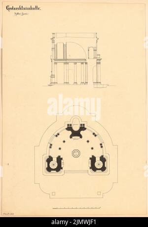 Architecte inconnu, salle commémorative pour une princesse. Compétition mensuelle du 1886 juin (06,1886) : plan d'étage, section transversale; barre d'échelle. Encre sur carton, 55,2 x 37,8 cm (y compris les bords de numérisation) N.N. : Gedächtnishalle für eine Fürstin. Monatskonkurrenz Juni 1886 Banque D'Images