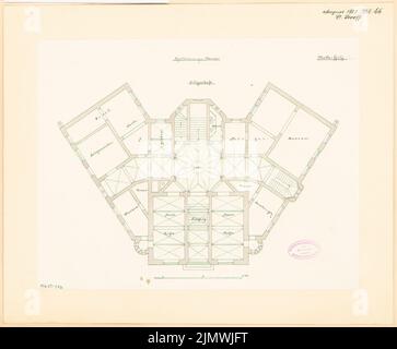 Stooff Otto (né en 1851), hôtel de ville de Nauen. Compétition mensuelle le 1885 août (08,1885) : plan d'étage au rez-de-chaussée; barre d'échelle. Tuche aquarelle sur papier, 40,6 x 49,1 cm (y compris les bords de numérisation) Stooff Otto (geb. 1851): Rathaus, Nauen. Monatskonkurrenz août 1885 Banque D'Images