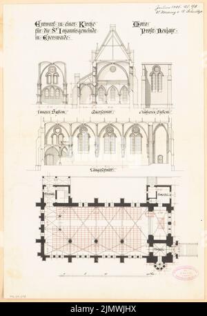 Hartung & Schultze, Eglise évangélique de Saint Johannes à Eberswalde. Compétition mensuelle janvier 1886 (01,1886): Plan d'étage, coupe longitudinale, découpes longitudinales, coupe transversale; barre d'échelle. Encre sur papier, 47,9 x 32,8 cm (y compris les bords de balayage) Hartung & Schultze : Evangelische Kirche St. Johannes, Eberswalde. Monatskonkurrenz Januar 1886 Banque D'Images