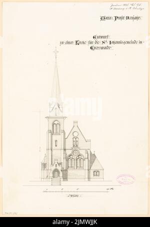 Hartung & Schultze, Eglise évangélique de Saint Johannes à Eberswalde. Compétition mensuelle janvier 1886 (01,1886): Ostern View; barre d'échelle. Encre sur papier, 47,5 x 32,7 cm (y compris les bords de balayage) Hartung & Schultze : Evangelische Kirche St. Johannes, Eberswalde. Monatskonkurrenz Januar 1886 Banque D'Images