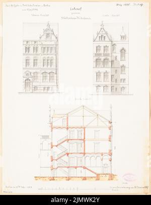 Architecte inconnu, immeuble résidentiel urbain à Berlin. Compétition mensuelle Mars 1888 (03,1888): Riß vue de rue, vue arrière, section longitudinale; barre d'échelle. Tuche aquarelle sur la boîte, 55,1 x 42,6 cm (y compris les bords de numérisation) N.N. : Städtisches Wohnhaus, Berlin. Monatskonkurrenz März 1888 Banque D'Images