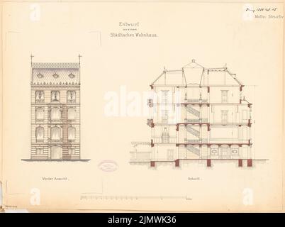 Architecte inconnu, immeuble résidentiel urbain à Berlin. Compétition mensuelle Mars 1888 (03,1888): RISS vue avant, section longitudinale; barre d'échelle. Tuche aquarelle sur la boîte, 42,8 x 57,3 cm (y compris les bords de numérisation) N.N. : Städtisches Wohnhaus, Berlin. Monatskonkurrenz März 1888 Banque D'Images