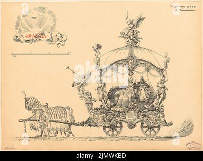 Fürstenau Eduard (1862-1938), voiture funéraire. Concours mensuel avril 1891 (04,1891): RISS vue de face 1:20; barre d'échelle, texte explicatif. Encre sur carton, 40,4 x 54,2 cm (y compris les bords de numérisation) Fürstenau Eduard August Wilhelm (1862-1938): Bestattungswagen. Monatskonkurrenz avril 1891 Banque D'Images