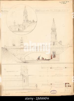 Rieth Otto (1858-1911), pont Hubertus dans la colonie de villas Berlin-Grunewald. Compétition mensuelle avril 1890 (04,1890): Plan d'étage (croquis); Grundliss 1: 200, vue de Riss Seiten, section transversale 1: 100, vue perspective. Aquarelle crayon sur la boîte, 59,2 x 45,6 cm (y compris les bords de balayage) Rieth Otto (1858-1911): Hubertus-Brücke in der Villenkolonie Berlin-Grunewald. Monatskonkurrenz avril 1890 Banque D'Images