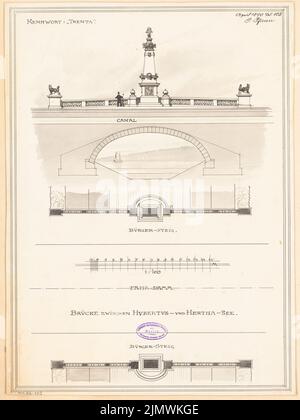 Pfann Paul (1860-1919), pont Hubertus dans la colonie de villas Berlin-Grunewald. Compétition mensuelle avril 1890 (04,1890): Plan d'étage, section longitudinale 1: 100; barre d'échelle. Tuche aquarelle sur la boîte, 53,3 x 40 cm (y compris les bords de balayage) Pfann Paul (1860-1919): Hubertus-Brücke in der Villenkolonie Berlin-Grunewald. Monatskonkurrenz avril 1890 Banque D'Images
