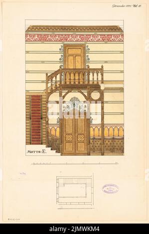 Architecte inconnu, escalier. Compétition mensuelle décembre 1891 (12,1891): Plan d'étage rez-de-chaussée, torture mur intérieur du hall; 2 bandes d'échelle. Tuche aquarelle sur la boîte, 54,5 x 36,3 cm (y compris les bords de numérisation) N.N. : Treppenhaus. Monatskonkurrenz Dezember 1891 Banque D'Images