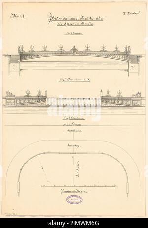 Hacker Heinrich (1836-1916), Weidendammer Brücke à Berlin. Compétition mensuelle du 1892 octobre (10,1892) : (moitié) plan d'étage, vue latérale du contour, coupe transversale. Encre sur carton, 53,5 x 36,2 cm (y compris les bords de numérisation) Hacker Heinrich (1836-1916): Weidendammer Brücke, Berlin. Monatskonkurrenz Oktober 1892 Banque D'Images