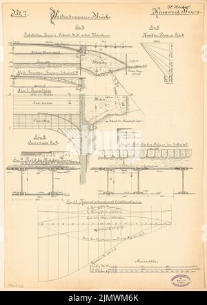 Hacker Heinrich (1836-1916), Weidendammer Brücke à Berlin. Compétition mensuelle octobre 1892 (10,1892): Coupes, schémas de conception; barre d'échelle. Encre sur carton, 57,7 x 41,1 cm (y compris les bords de numérisation) Hacker Heinrich (1836-1916): Weidendammer Brücke, Berlin. Monatskonkurrenz Oktober 1892 Banque D'Images