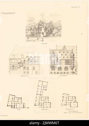 Spalding Otto (1863-1945), Rathaus Bonn-Poppelsdorf. Compétition mensuelle en juillet 1894 (07,1894) : plan d'étage sous-sol, rez-de-chaussée, étage supérieur, vue latérale verticale, coupe transversale, vue en perspective ; 2 bandes d'échelle. Pression légère, 30,9 x 22,9 cm (y compris les bords de balayage) Spalding Otto (1863-1945): Rathaus, Bonn-Poppelsdorf. Monatskonkurrenz Juli 1894 Banque D'Images