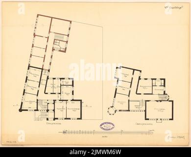 Spalding Otto (1863-1945), Rathaus Bonn-Poppelsdorf. Compétition mensuelle juillet 1894 (07,1894): Plan d'étage rez-de-chaussée, étage supérieur 1: 150; barre d'échelle. Tusche aquarelle sur la boîte, 39,6 x 51,6 cm (y compris les bords de balayage) Spalding Otto (1863-1945): Rathaus, Bonn-Poppelsdorf. Monatskonkurrenz Juli 1894 Banque D'Images