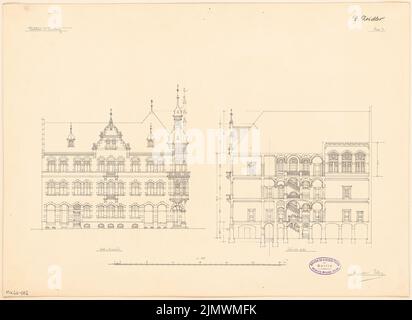 Zeidler Georg (1860-1915), Rathaus Tarnowitz. Compétition mensuelle octobre 1895 (10,1895) : vue latérale du RISS (côté est), section 1 : 150; barre d'échelle. Encre sur carton, 37,5 x 51,5 cm (y compris les bords de numérisation) Zeidler Georg (1860-1915): Rathaus, Tarnowitz. Monatskonkurrenz Oktober 1895 Banque D'Images