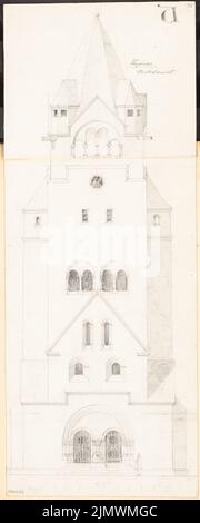 Architecte inconnu, tour d'observation avec un hall commémoratif. Compétition mensuelle novembre 1897 (11,1897) : vue avant du RISS 1:50 ; barre d'échelle. Crayon sur carton, 80 x 32,1 cm (y compris les bords de numérisation) N. : Aussichtsturm mit Gedenkhalle. Monatskonkurrenz novembre 1897 Banque D'Images