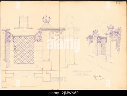 Bode August (né en 1874), entrée de jardin dans le mur d'alimentation. Compétition mensuelle novembre 1907 (11,1907): Plan d'étage, vue de face 1:10; vue perspective; barre d'échelle. Encre sur carton, 52,4 x 73,5 cm (y compris les bords de numérisation) Bode August (geb. 1874): Garteneingang à Futtermauer. Monatskonkurrenz novembre 1907 Banque D'Images