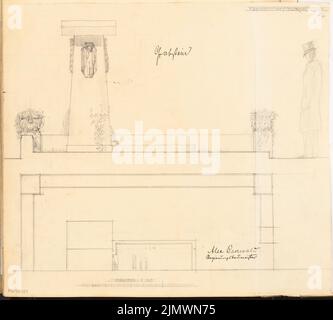 Baerwald Alexander (1877-1931), pierre tombale. Compétition mensuelle du 1907 mars (03,1907) : plan en demi-étage, vue latérale verticale 1:10 ; barre d'échelle. Crayon sur papier, 46,8 x 51,9 cm (y compris les bords de numérisation) Baerwald Alexander (1877-1931): Grabstein. Monatskonkurrenz März 1907 Banque D'Images