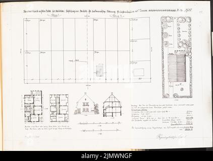 Siefert Paul (1884-1918), maison unifamiliale dans une banlieue de Berlin. Compétition mensuelle novembre 1910 (11,1910): 2 plans d'emplacement 1: 500; Plan d'emplacement, plan d'étage rez-de-chaussée, étage supérieur, vue extérieure, section transversale 1: 200; 2 bandes d'échelle, texte explicatif. Encre sur papier, 47,3 x 66,5 cm (y compris les bords de numérisation) Siefert Paul (1884-1918): Einfamilienhaus in einem Vorort von Berlin. Monatskonkurrenz novembre 1910 Banque D'Images