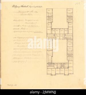 Hentzelt Wolfgang (1888-1916), petite maison d'appartement. Compétition mensuelle novembre 1912 (11,1912): Variante plan étage étage supérieur; texte d'explication. Crayon sur transparent, 40,5 x 39,2 cm (y compris les bords de balayage) Hentzelt Wolfgang (1888-1916): Kleinwohnungshaus. Monatskonkurrenz novembre 1912 Banque D'Images