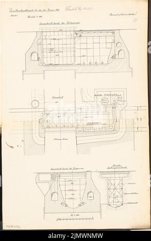 Jentsch Hermann (1882-1925), rue au-dessus d'une écluse de chambre. Compétition mensuelle janvier 1911 (01,1911): Plan d'étage (2 niveaux), section longitudinale (2 niveaux), section transversale 1: 100; barre d'échelle. Encre sur carton, 70,9 x 46,4 cm (y compris les bords de balayage) Jentsch Hermann (1882-1925): Straße über eine Kammerschleuse. Monatskonkurrenz Januar 1911 Banque D'Images