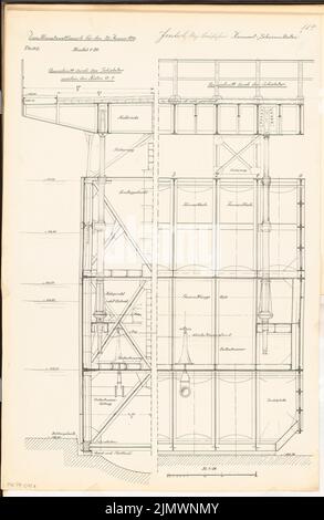 Jentsch Hermann (1882-1925), rue au-dessus d'une écluse de chambre. Compétition mensuelle janvier 1911 (01,1911): Hubbrücke: Section longitudinale, section transversale 1:20; barre d'échelle. Encre sur carton, 71,8 x 46,8 cm (y compris les bords de balayage) Jentsch Hermann (1882-1925): Straße über eine Kammerschleuse. Monatskonkurrenz Januar 1911 Banque D'Images