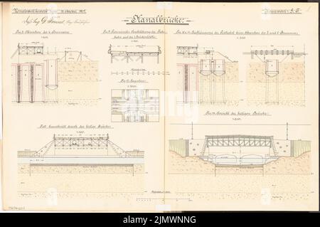 Ami Georg (1884-1929), pont de canal. Compétition mensuelle octobre 1909 (10,1909): Plan du site 1: 1000; vue latérale de Riss, section transversale, détails sur la construction (puits) 1: 200; coupe transversale du pont de fortune 1: 100; 3 bandes d'échelle. Tuche aquarelle sur la boîte, 40,2 x 60,5 cm (y compris les bords du scan) Freund Georg (1884-1929): Kanalbrücke. Monatskonkurrenz Oktober 1909 Banque D'Images