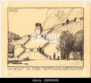 Virck Friedrich Wilhelm (1883-1926), escalier de banque avec monument. Concours mensuel 1915 février (02,1915): Perspective View. Encre et crayon sur carton, 38 x 44 cm (y compris les bords de balayage) Virck Friedrich Wilhelm (1883-1926): Ufertreppenanlage mit Denkmal. Monatskonkurrenz février 1915 Banque D'Images