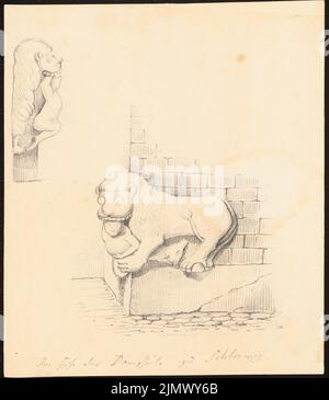 Quast Ferdinand von (1807-1877), sculpture de lion à la cathédrale Saint-Pierre au Schleswig (sans dat.) : vue en perspective et profil du lion plastique (granitrelief quader) à côté du portail de Petri. Crayon sur papier, 23,5 x 20,4 cm (y compris les bords de balayage) Quast Ferdinand von (1807-1877): Löwenplastik am Dom St. Peter, Schleswig Banque D'Images