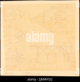 Quast Ferdinand von (1807-1877), église du monastère de St Clara (anciennement couvent franciscain) à Weißenfels (1872) : coupe transversale, coupe longitudinale, barre d'échelle, vue sur les fenêtres de la nef et deux fenêtres du choeur avec une tracerie très gothique. Crayon sur transparent, 31,1 x 32,4 cm (y compris les bords de balayage) Quast Ferdinand von (1807-1877): Klosterkirche St. Clara (Ehem. Franziskaner-Nonnenkloster), Weißenfels Banque D'Images