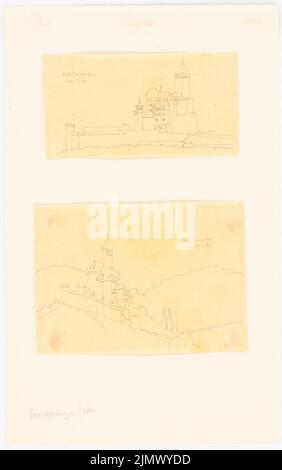 Quast Ferdinand von (1807-1877), Château de Zwingenberg sur le Neckar (sans dat.): Deux feuilles (par le dessin?): Vue de la forteresse du sud et du sud-ouest. Crayon sur transparent, 34 x 21,3 cm (y compris les bords de balayage) Quast Ferdinand von (1807-1877): Burg Zwingenberg/Neckar Banque D'Images
