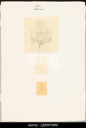 Quast Ferdinand von (1807-1877), cathédrale (mitropole) d'Athènes (sans dat.) : trois feuilles : vue de face perspective, deux plans d'étage, informations sur l'échelle, barre d'échelle. Crayon sur transparent, 35,1 x 24,7 cm (y compris les bords de balayage) Quast Ferdinand von (1807-1877): Kathedrale (Mitropolis), Athen Banque D'Images