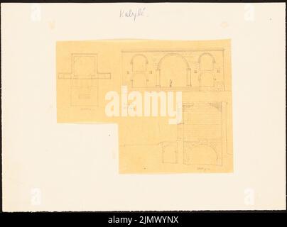 Quast Ferdinand von (1807-1877), Temple de Kalybé à Shakka/Shaqqa, Syrie (sans date): Plan d'étage, vue et coupe transversale, avec dimensions (reconstruction présumée probablement selon M. de Vogüé, 1867), style architectural romain dans le sud de la Syrie (Sacca. Crayon sur transparent, 21 x 28,2 cm (y compris les bords de balayage) Quast Ferdinand von (1807-1877): Kalybé-Tempel, Shakka Banque D'Images