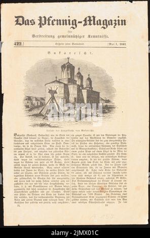 Quast Ferdinand von (1807-1877), Hauptkirche à Bucarest (01.05.1841) : vue en perspective de l'église avec une cloche d'église au premier plan (env 11x15 cm) et une description de l'emplacement de Bucarest, de: Le Pfennig-Mag. Lithographie, 30,5 x 20,1 cm (y compris les bords de balayage) Quast Ferdinand von (1807-1877): Hauptkirche, Bucarest Banque D'Images