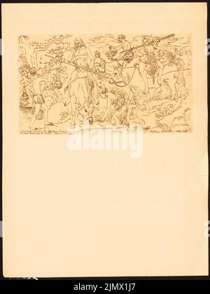 Quast Ferdinand von (1807-1877), Abu-ROF et les jeunes filles de champignons se trouvent sur un étang de pluie pour travailler, au sud de Sennar (sans dat.): Groupe d'hommes porteurs de lance avec des proies de chasse et d'eau-ramasse et de soutien de jeunes filles ( remodelage ou ajustement n. Tusche sur transparent, 29 x 21,8 cm (y compris les bords de balayage) Quast Ferdinand von (1807-1877): Von der Jagd heimkehrende Abu-ROF und Fungimädchen an einem Regenteich zu Werkot, südlich von Sennar Banque D'Images