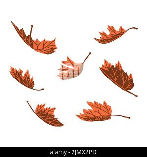 Illustration de vecteur de chute de feuilles d'automne sèches. Vol de feuilles pliées de la saison d'automne. Ensemble de 7 couleur brun orange texture feuille ressource graphique isolée Illustration de Vecteur